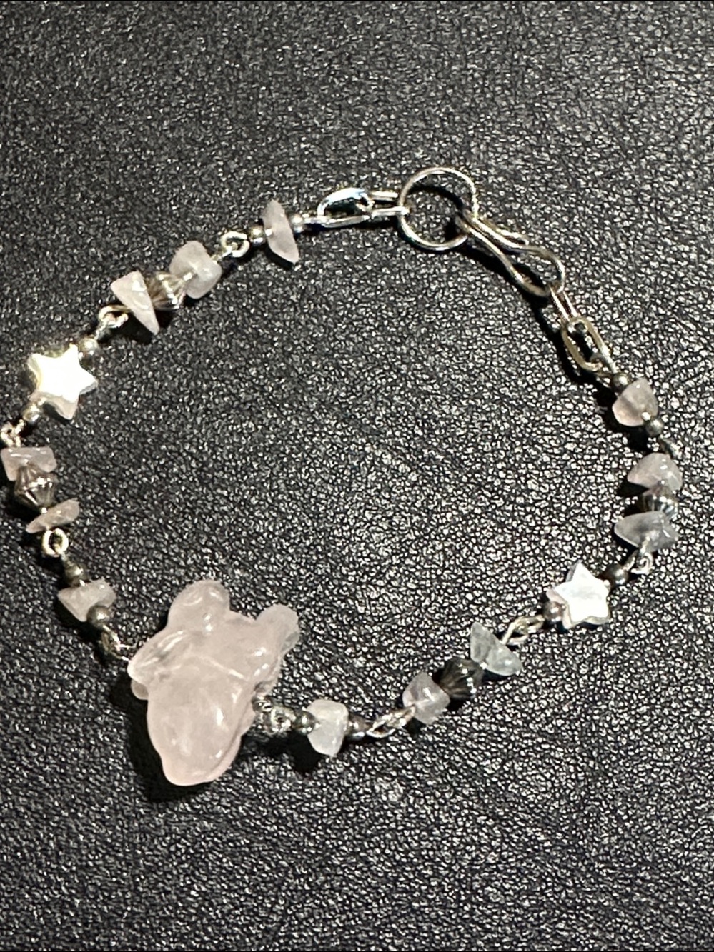 Vintage Pink Jade Carved Rabbit, Chips & Stars Silver Tone Link Bracelet